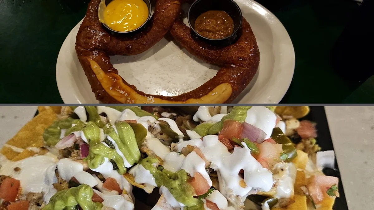 Bar seating beside a lively dining area.